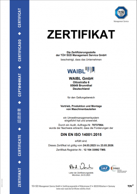 tuev-zertifikat nach din en iso 14001:2015 fuer die waibl gmbh